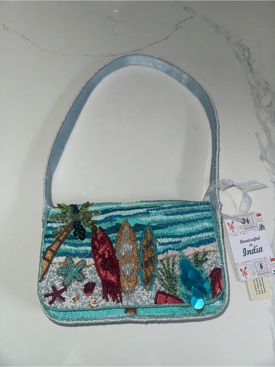 T.J.Maxx Handbags - Surfboards and Palm-Trees Sequin Beach Motif Small Shoulder Bag - Aqua Blue NWT!